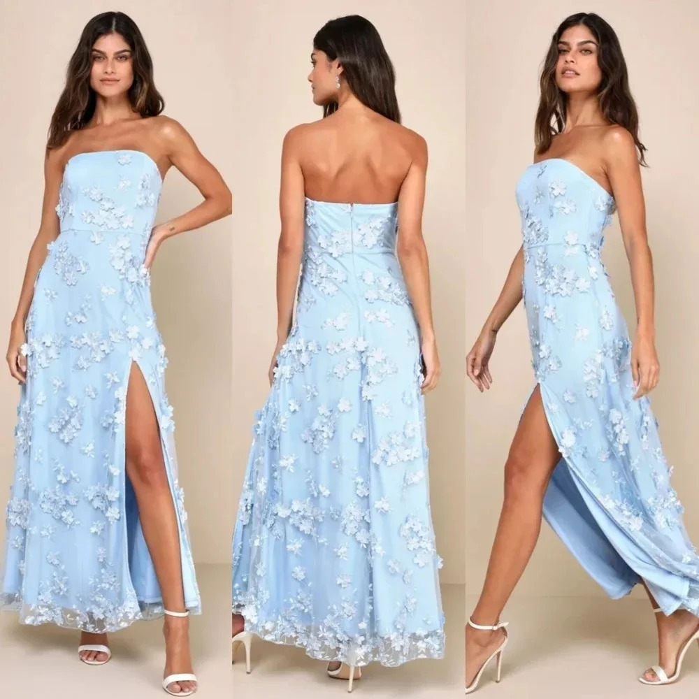 Lulus Rare Presence Powder Blue 3D Floral Embroidered Maxi Dress Wedding Party